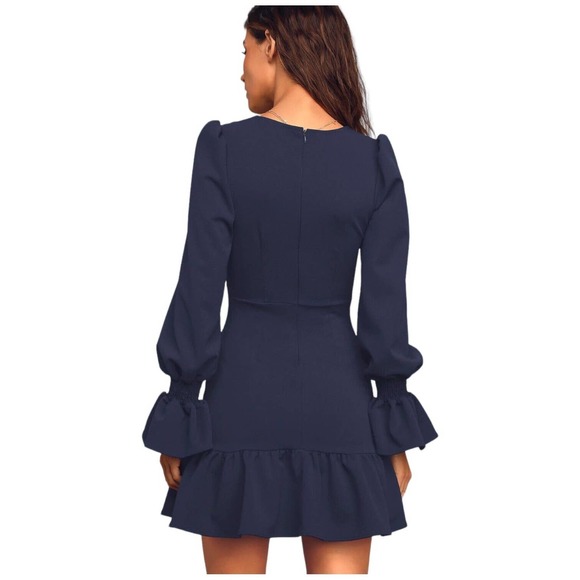 Lulus Womens Medium Style And Flare Ruffled Long Sleeve Mini Dress Navy Blue - Picture 16 of 16